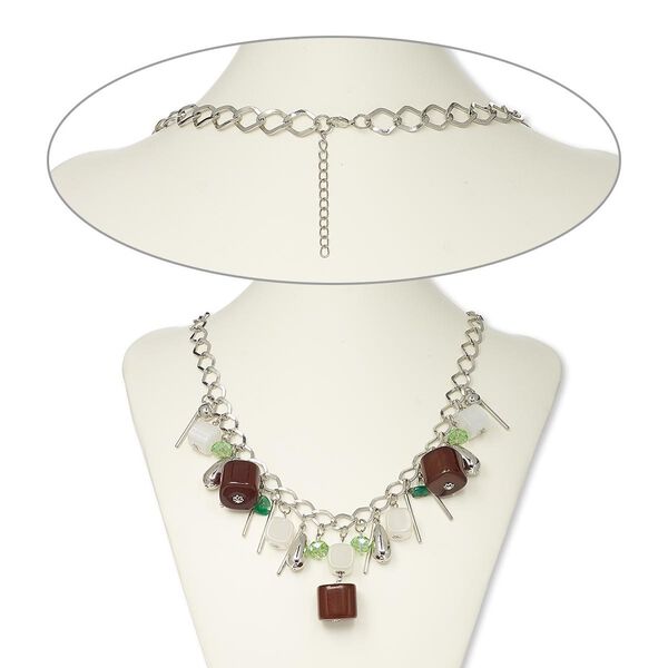 Necklace, glass / plastic / silver-coated plastic / imitation rhodium-finished steel / brass, brown / green / white, cube, 22 inches with 2-inch extender chain and lobster claw clasp. Sold individually. image number 0