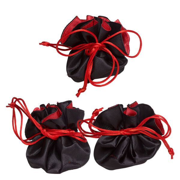 Pouch, rayon, pkg/3, black and red, 3-1/2x3-inch round with drawstring. image number 0
