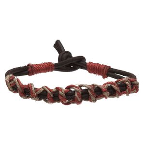 Bracelet, leather (dyed) / waxed cotton cord / flax, dark brown / red / tan, 8mm wide knotted design, 6-1/2 inches with knot closure. Sold per pkg of 2.