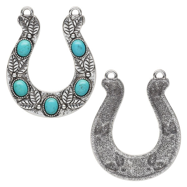 Connector, "turquoise" (resin) (imitation) and antique silver-finished "pewter" (zinc-based alloy), turquoise blue, 60x52mm single-sided horseshoe with leaf design. Sold individually. image number 0