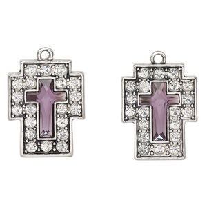 Drop, antique silver-finished "pewter" (zinc-based alloy) and glass, clear and purple, 25x19mm cross. Sold per pkg of 2.