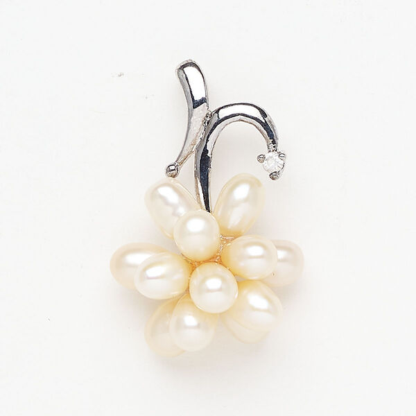Brass / cultured freshwater pearl / glass rhinestone 1pkg1, cluster pendant natural, silver-finished / peach / clear 30x20mm-33x22mm image number 0