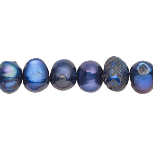 Pearl, cultured freshwater (dyed), cobalt, 7-9mm flat-sided potato with 0.4-0.6mm hole, C- grade, Mohs hardness 2-1/2 to 4. Sold per 15-inch strand. image number 0