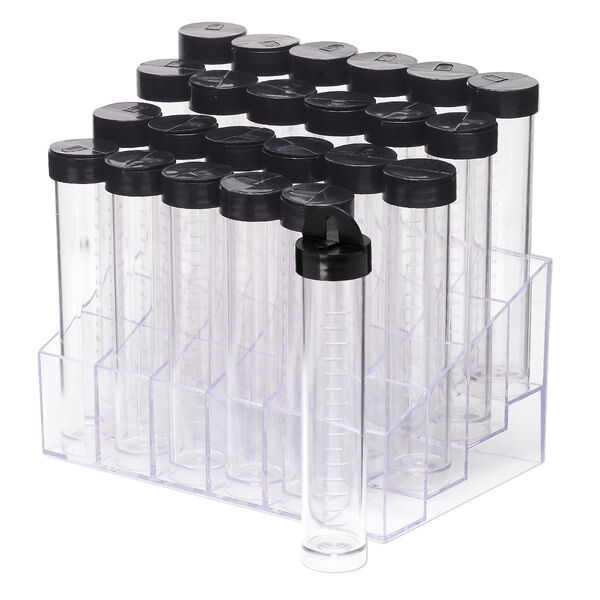 Display, acrylic, clear, 5-3/4x3-3/4 inch rectangle rack with 24 clear 4x3/4 inch wide vials with black twist-on caps with hang-tabs. Sold per set. image number 0
