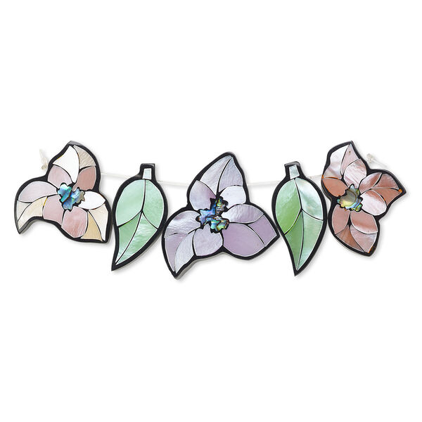 Focal, paua shell / common hammer oyster shell / resin (dyed / assembled), black, 22x22mm / 26x18mm / 26x24mm single-sided flower / 24x12mm leaves. Sold per pkg of 5. image number 0