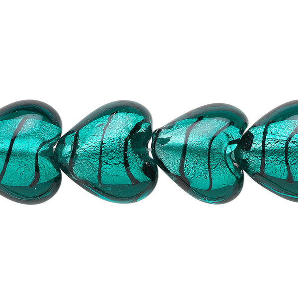 Bead, lampworked glass, teal and black with silver-colored foil, 15x15mm puffed heart with lines. Sold per 15-1/2" to 16" strand. image number 0