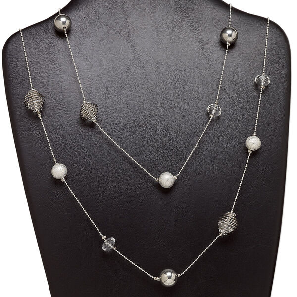 Necklace, imitation rhodium-finished brass and steel with glass, clear, 14mm round, 56-inch continuous loop. Sold individually. image number 0