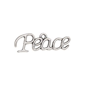 Drop, antique silver-finished "pewter" (zinc-based alloy), 28x9.5mm single-sided "Peace." Sold per pkg of 2.