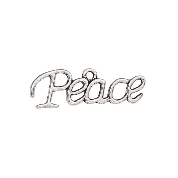 Drop, antique silver-finished "pewter" (zinc-based alloy), 28x9.5mm single-sided "Peace." Sold per pkg of 2. image number 0