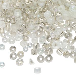 Seed bead mix, glass, pkg/100g, #4 round, translucent clear and mixed.