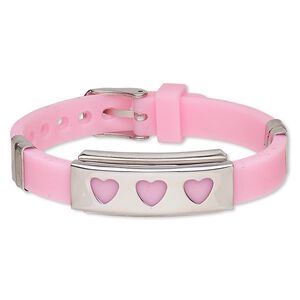 Bracelet, Softique™, silicone and stainless steel, pink, 16mm wide with 39x16mm rectangle and heart cutouts, adjustable from 5-1/2 to 7-1/2 inches with buckle-style closure. Sold individually.
