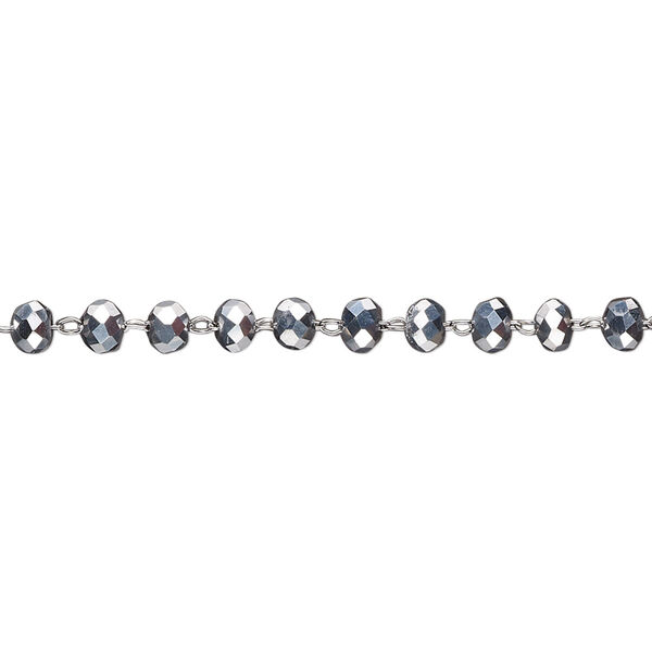 Chain, glass and stainless steel, metallic silver, 3.5mm faceted rondelle. Sold per pkg of 1 yard. image number 0