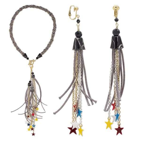 Necklace and earring set, One of a Kind Jewelry, gold- / silver-plated brass / satin cord / enamel, grey and multicolored, 20-inch necklace. Only one available. image number 0