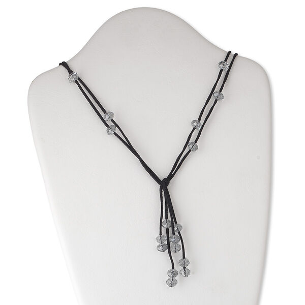 Necklace, glass and faux suede, clear and black, 10x7mm faceted rondelle, adjustable 16-32 inch knotted continuous loop. Sold individually. image number 0