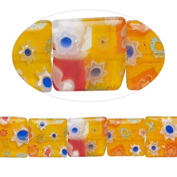 Bead, millefiori glass, translucent golden yellow and multicolored, 10mm puffed square with flower design. Sold per 14-inch strand. image number 0