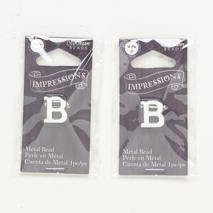Bead, silver-finished "pewter" (zinc-based alloy), 13x11mm top-drilled alphabet letter "B" with 2mm hole. Sold per pkg of 2.