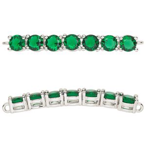 Focal, cubic zirconia and silver-plated brass, emerald, 40x5mm curved rectangle. Sold individually.