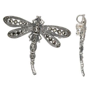Marcasite / sterling silver 1pkg1, dragonfly pendant natural 55x50mm