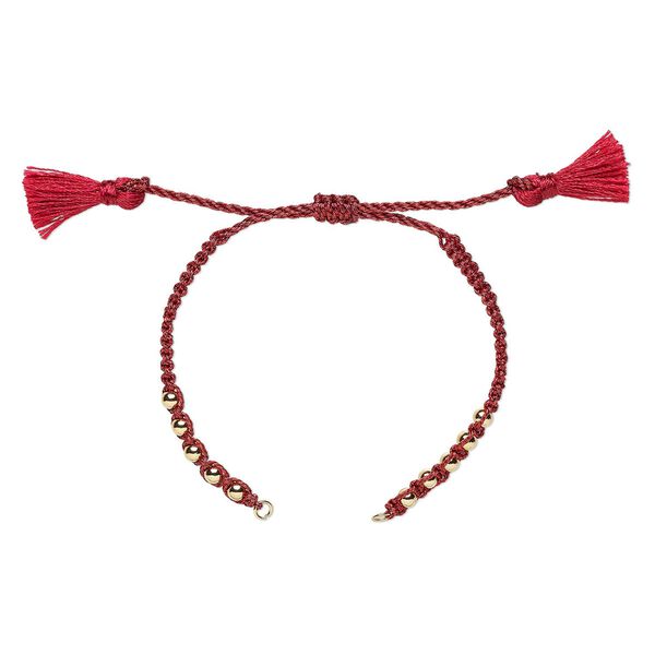 Bracelet component, nylon and gold-finished brass, dark red, 9-3/4 inches with adjustable macramé closure and (2) 5mm open loops. Sold individually. image number 0