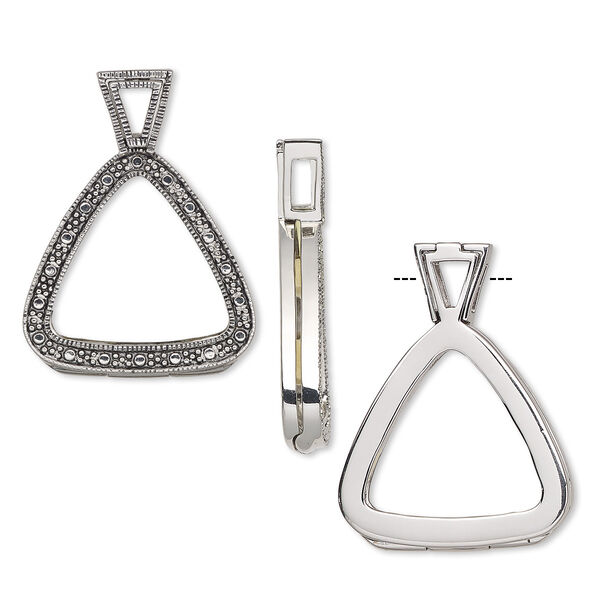 Pendant, Almost Instant Jewelry®, antique silver-plated brass and crystal, 37.5x29mm single-sided hinged triangle with 23mm triangle setting. Sold individually. image number 0