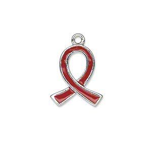 Charm, silver-plated "pewter" (zinc-based alloy) and enamel, red, 18x15mm single-sided awareness ribbon. Sold individually.