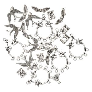 Bead / charm / drop, antique silver-plated "pewter" (zinc-based alloy), 11x9mm-29x23mm single- and double-sided assorted bird. Sold per pkg of 25.