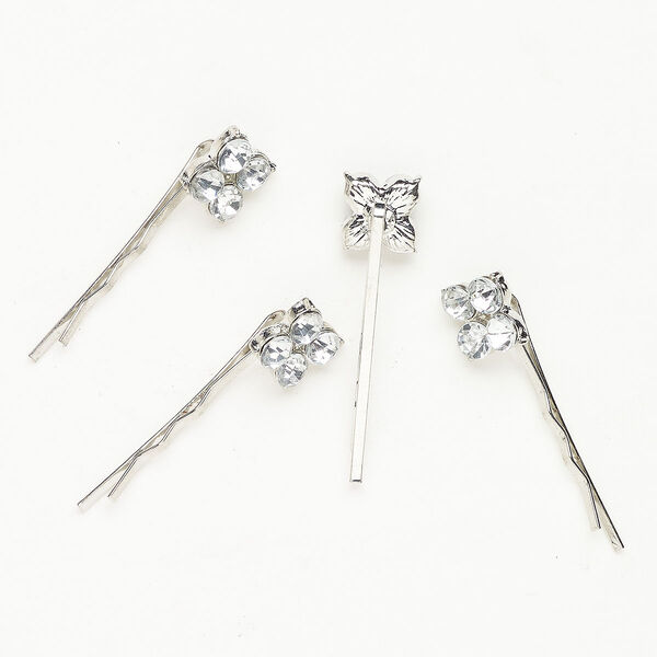 Brass / acrylic 1pkg4, hair pin / flower silver finish / clear 1-1/2 inch image number 0