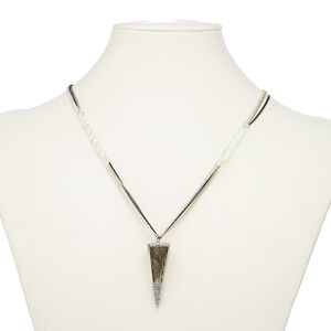 Necklace, 3-strand, glass / glass rhinestone / gold-finished / silver- / black-plated steel / brass / "pewter" (zinc-based alloy), white and clear, 44x15mm spike, 36 inches with 2-inch extender chain and lobster claw clasp. Sold individually.