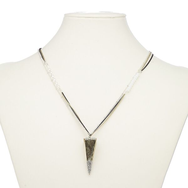 Necklace, 3-strand, glass / glass rhinestone / gold-finished / silver- / black-plated steel / brass / "pewter" (zinc-based alloy), white and clear, 44x15mm spike, 36 inches with 2-inch extender chain and lobster claw clasp. Sold individually. image number 0