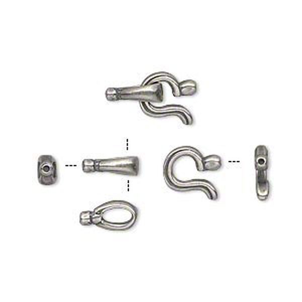 Clasp, JBB Findings, hook-and-eye, antique silver-plated brass, 12x8.5mm with crimp end, 0.7mm hole. Sold individually. image number 0