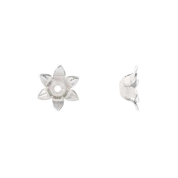 Bead cap, silver-finished copper, 11x4.5mm flower, fits 4-6mm round bead. Sold per pkg of 20. image number 0