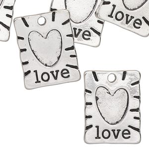 Charm, antique silver-finished "pewter" (zinc-based alloy), 20x17mm rectangle with "Love" and 11x9mm heart setting. Sold per pkg of 12.