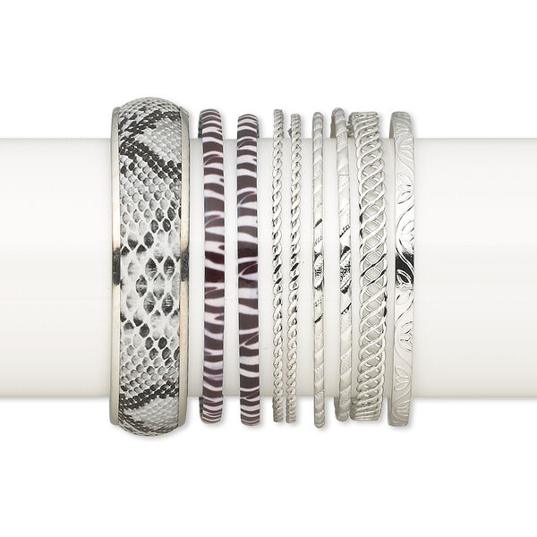 Bracelet mix, bangle, imitation leather and imitation rhodium-plated steel, 2-17mm wide with mixed design, 2-1/2 to 2-3/4 inch inside diameter. Sold per pkg of 9. image number 0