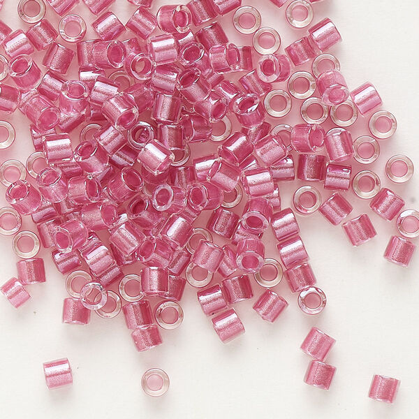 Seed bead, Delica®, glass, pkg/7.5g, #8 round, translucent peony pink-lined luster crystal clear (DBL-0902). image number 0