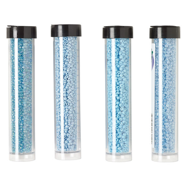 Seed bead assortment, Ming Tree™, glass, pkg/(4) 4 x 3/4 inch vials, #11 round, opaque and translucent rainbow ceylon turquoise blue. image number 0