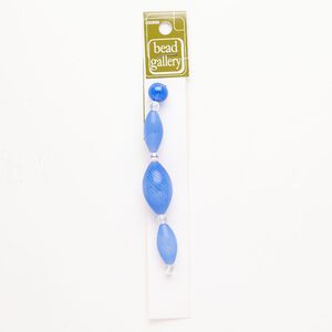Bead 1pkg4 handblown glass, mixed sizes / mixed shapes / line design, assortment translucent blue / white