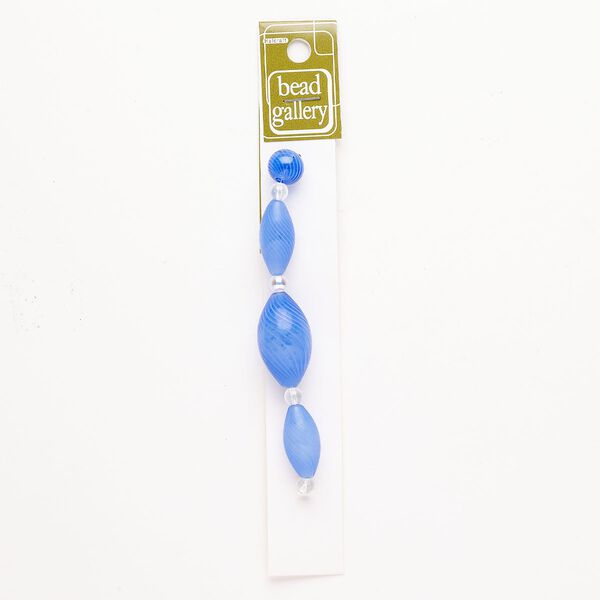 Bead 1pkg4 handblown glass, mixed sizes / mixed shapes / line design, assortment translucent blue / white image number 0