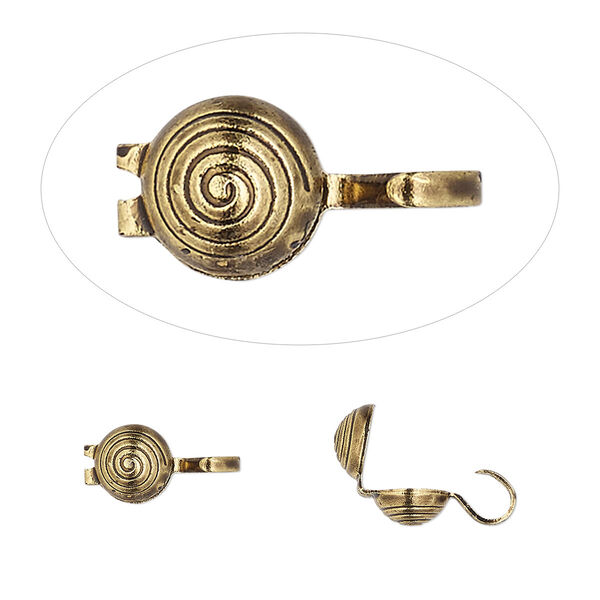 Bead tip, Hot Tips®, antique gold-plated brass, 9x5mm bottom clamp-on spiral with open loop. Sold per pkg of 100. image number 0