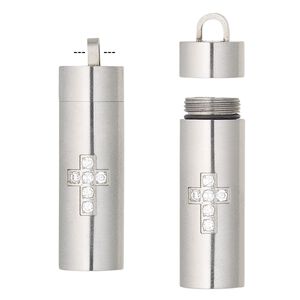 Pendant, silicone / glass rhinestone / stainless steel, black and clear, 40x11mm cylinder with cross design and twist-off top. Sold individually.
