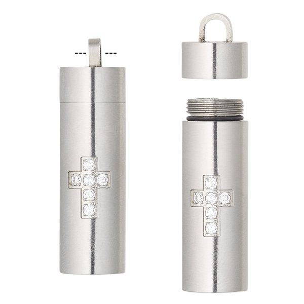 Pendant, silicone / glass rhinestone / stainless steel, black and clear, 40x11mm cylinder with cross design and twist-off top. Sold individually. image number 0