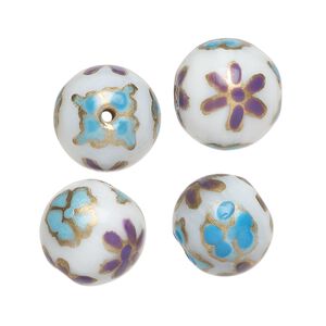 Bead, lampworked glass, opaque white and multicolored, 15-13mm round with painted flower design. Sold per pkg of 4.