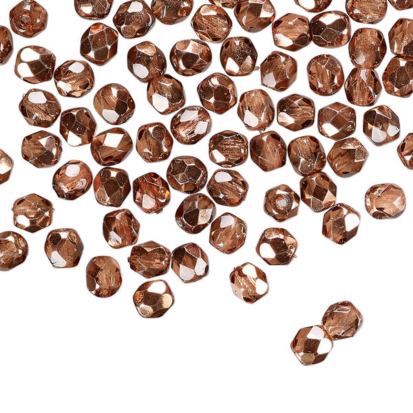 Bead, Czech fire-polished glass, clear with half-coat metallic apricot, 4mm faceted round. Sold per 15-1/2" to 16" strand. image number 0