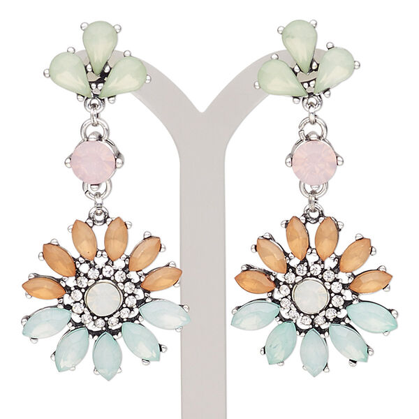 Earring, acrylic / glass rhinestone / antique silver-plated steel / "pewter" (zinc-based alloy), multicolored, 38mm with flower and post. Sold per pair. image number 0