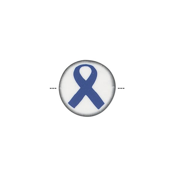 Bead, polymer clay, white / black / blue, 14mm double-sided flat round with awareness ribbon. Sold per pkg of 30. image number 0