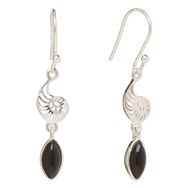 Earring, Create Compliments®, antiqued sterling silver and black onyx (dyed), fishhook, 42.5mm with 26.5mm single-sided left- and right-facing nautilus, 21 gauge. Sold per pair. image number 0