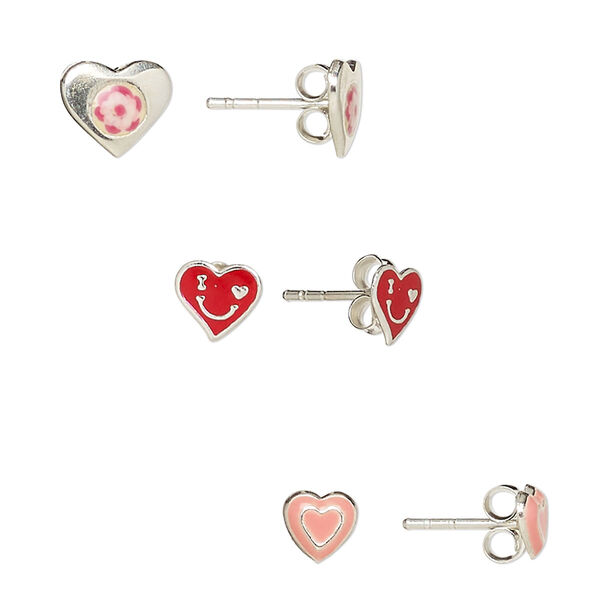 Earstud, enamel and sterling silver, red and pink, 5.5x5mm heart with heart design / 6.5x5mm heart with smiley face design / 8.5x7mm heart with flower design and post. Sold per pkg of 3 pairs. image number 0