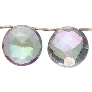 Quartz crystal 1pkg10, rainbow hand-cut top-drilled faceted puffed flat round bead 16-20mm