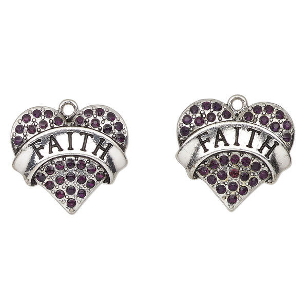 Charm, antique silver-finished enamel "pewter" (zinc-based alloy) and glass, red and black, 24x23mm heart with "Faith". Sold per pkg of 2. image number 0
