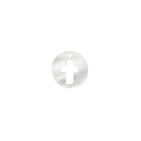 Drop, mother-of-pearl shell (bleached), 12mm round with cross cutout, Mohs hardness 3-1/2. Sold individually. image number 0