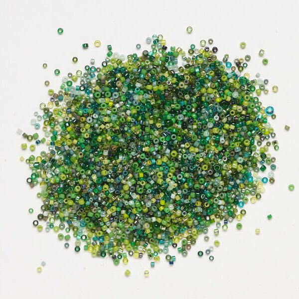 Seed bead mix, glass, 1pkg25g, #15 to #11 round, opaque and translucent multi-green image number 1